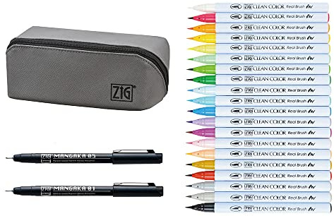 Kuretake ZIG Clean Color Real Brush Marker, Flexible Brush Tips, Watercolor Pens for Painting, Drawing, Calligraphy and Brush Lettering for Artists, Made in Japan (22 pcs. pouch set)