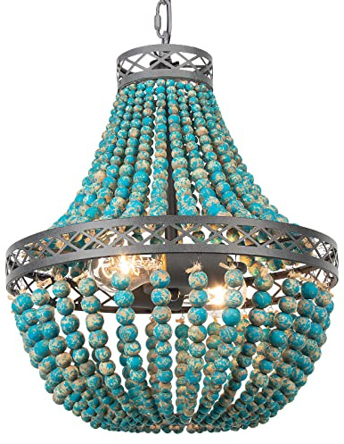 FIRVRE Blau Boho Natürlich HolzPerlen Pendelleuchte Vintage Rustikale Led Hängende Lampe E27 Loft französische Landschaft Kronleuchter Deckenbeleuchtung für Schlafzimmer Küche Insel