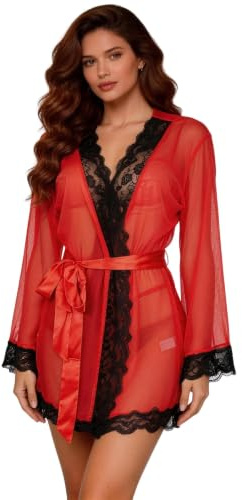 comeondear Kimono dam sexig babydoll sensuell transparent nattlinne spets med bälte pyjamas badrockar plusstorlek långärmad morgonrock V-ringad morgonrock med G-string, A-röd, M/L