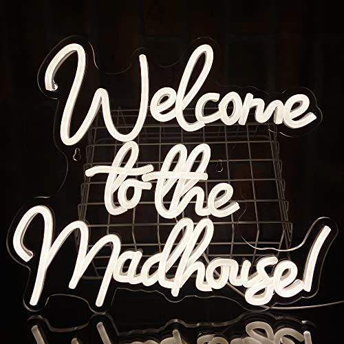 PILOYINDE Welcome to the Madhouse Neon Sign Warm White Neon Lights For Bedroom USB Led Neon Signs For Party Room Decor Folk Hotel Decor LED Letters Welcome Neon Wall Light