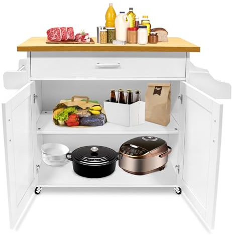 AufuN Küchenschrank mit Arbeitsplatte, Schublade & Schrank, Rollbarer Küchenwagen, Servierwagen aus Holz, Kücheninselwagen, Küchentrolley im Landhausstil, für Küche Restaurant, Weiß