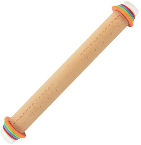 Rodillo de Amasar en Madera, Rodillo de Reposteria con 4 Ajustables Anillos, Antiadherente Rolling Pins de Hornear para Todas Masas, Pan, Pizza, Galletas, Pasteles (42.8 x 6.5 cm)