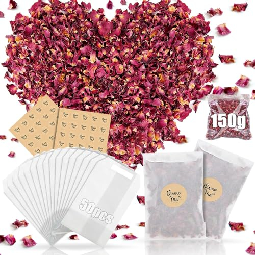 Mbsomnus 50 Juegos Petalos de Rosa Naturales 150 g Flores Secas Boda 50 Bolsas de Papel Confetti 50 Calcomanías Confeti de Boda Pétalos Flores Biodegradables para Bodas Propuestas Celebraciones