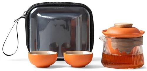 fanquare Juego de Té Portátil de Viaje Tetera de Porcelana China Kung Fu de Cristal Naranja con Infusor Mini 1 Tetera 2 Tazas para Adultos