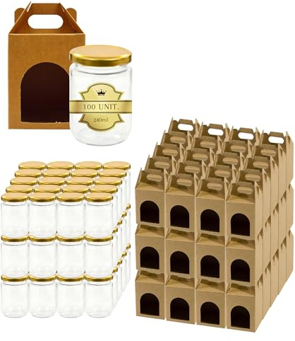 Espirito Rebelde Lot de 100 pots en verre vides avec couvercle de 240 ml avec 100 bôites en carton pour 1 pot de confiture - Pour confitures, conserves, miel- Mariage