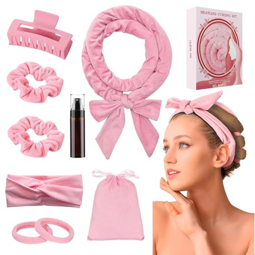 Rulos pelo,Rizador pelo ondas, Rulos pelo grandes,Ondas sin calor,Con Clip y Cinta para Hacer Ondas y Diadema de pelo,Rizador de Pelo Sin Calor Varilla Para Rizar de Gel,Terciopelo(rosa)