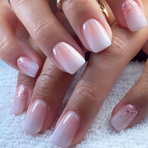 24 Stück Rosa-Weiß Verlauf Nägel zum Aufkleben – Kurz Square Kunstnägel, Sanfte Ombré Press on Nails, Glänzende Acryl Full Cover Falsche Nägel für Frauen und Mädchen Party Heimat DIY (Rosa Verlauf)