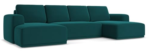 Kaila 4-Sitzer Ecksofa U-Form in Blau - XXL Wohnlandschaft aus Samt, modulares Sofa für Wohnzimmer, Japandi & Skandi Stil, Oeko-Tex 333x160x91 cm, bis 350 kg belastbar