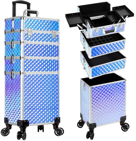 AROUS Rolling Makeup Train Case 4 in 1 Cosmetology Case on Wheels Large Storage Cosmetic Trolley with Key Salon Barber Case Traveling Cart Trunk, Colorful