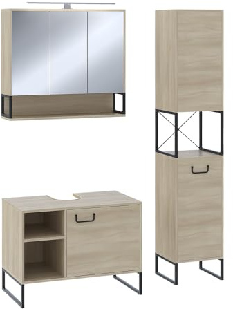 Vicco Set di mobili da bagno Vionna, Quercia/nero, 80 cm, composto da mobile sottolavabo, specchiera e mobile medio