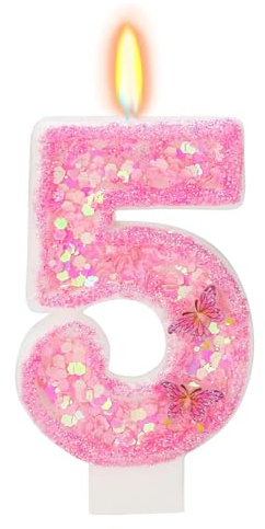 DazzJoy Schmetterling Geburtstagskerzen Zahlen 5, Schmetterling Kerze 5 Geburtstag Mädchen, Schmetterlinge Geburtstagskerze 5. Geburtstag Mädchen, Zahlenkerze 5 Rosa(ca.7,2cm)