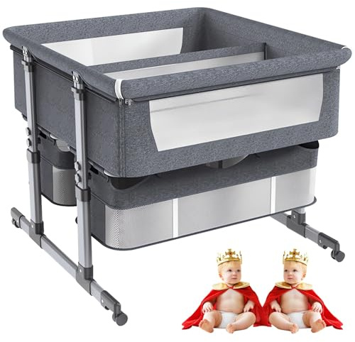 NELLN Zwillings-Babybett, Zwillings-Baby-Beistellbett, Tragbares Kleinkinder-Wiegenbett, Faltbar, 6-Fach Höhenverstellbar, Kippbar, Gut Belüftet, Mit Matratze Und Stauraum Gray
