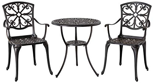 Avestar 3-teiliges Outdoor Bistro Set, Gartenmöbel, Balkonmöbel Set, runder 60 cm Bistrotisch aus Aluminiumguss, mit Schirmloch, 2 Balkonstühlen, für Terrasse, Schwarz (Mit Armlehnen)