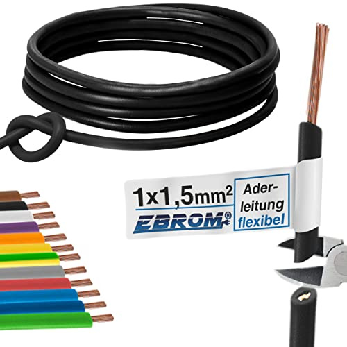 Cable de cable flexible de 1,5 mm², cable de PVC, H07V-K 1,5 mm², color: negro, muchas longitudes disponibles en incrementos de 5 metros, su longitud: 10 m