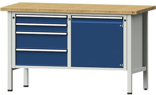 ANKE | Werkbank | Gestellbauweise Serie V | 4 Schubladen | Tür 540 mm | Arbeitshöhe 890 mm | Buche massiv