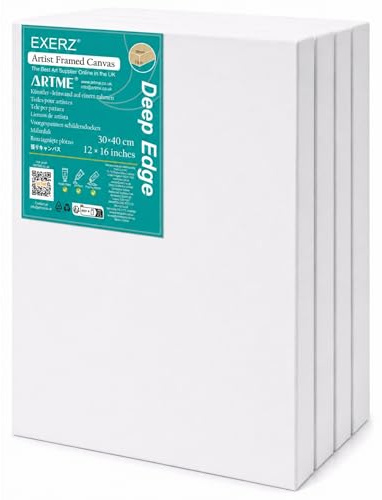 Exerz Tele intelaiate 4 Pezzi 30x40cm 3,8cm Spessore Bordo Profondo / 380GSM/ Prestirato 100% Cotone/Imprimitura/Triplo Innescato/Acido Libero/A Grana Media/Acrilici, Pittura ad Olio