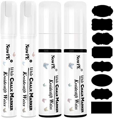 NowPE White Chalk Marker Pen, 2pcs 10mm Chalk Pens + 2pcs 15mm Chalk Markers, Dry or Wet Wipe Erase, 10mm Thick Tip and 15mm Large Tip for Chalkbaord, Blackboard, Window, Glass, Packed with 16 Labels