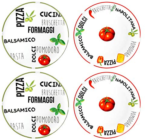 MamboCat 4 piatti grandi per pizza, colore bianco, Ø 31 cm, set da 4 piatti rotondi con scritte accattivanti per pizze, piatti da portata con motivi, piatti per antipasti, 4 persone, piatti per pizza