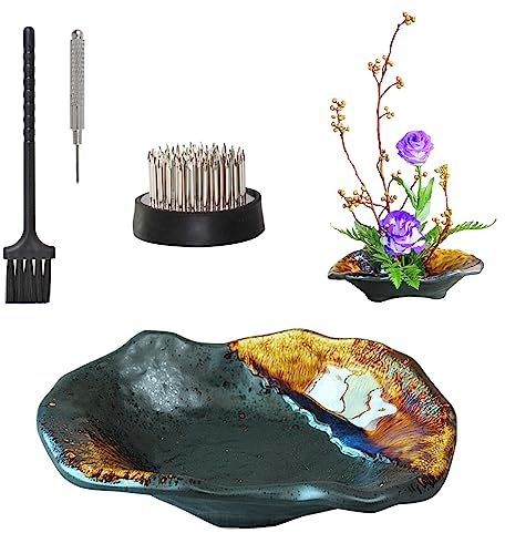 WANDIC Blumentopf, unregelmäßiger Keramik-Kenzan-Blumentopf mit 4,6 cm Langer Anstecknadel, Frosch, Schwarze Blumenvase mit Glasur, in zufälliger Farbe, für Ikebana-Blumenarrangements