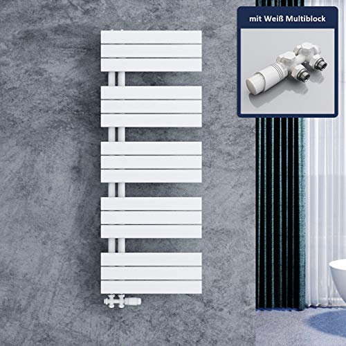 ELEGANT Design Badheizkörper Mittelanschluss Handtuchtrockner mit Anschluss links oder rechts Heizung weiß Hantuchwärmer 1314x500mm mit Weißem Multiblock Thermostat