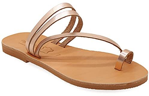 39 Roségold Emmanuela Zehenring sandalen im griechischen Stil, hochwertige handgefertigte flache Riemchensandalen aus Leder, Sommerschuhe für Damen, Boho Chic Slider Sandalen
