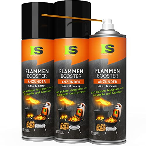 Spraytive 3 x 500ml Grillanzünder-Spray Flammenbooster - Bis zu 90x Feuer anzünden - Grill-Anzündhilfe - BBQ Anzünder/Kaminanzünder - 3 Dosen + 1x Sprührohr