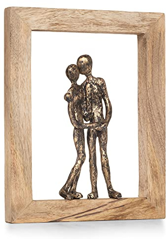 Moritz Embrace 30 cm Schwarz-Gold – Mangoholz Liebespaar Skulptur Wanddeko | Aluminium-Paar auf Naturholz-Rahmen zum Aufhängen, Handarbeit und Unikat, Geschenkidee zu Jahrestag oder Valentinstag