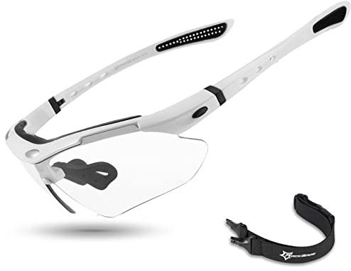 ROCKBROS Photochromic Sports Sunglasses Mens Pickleball Glasses Cycling Glasses MTB Sunglasses, with Removable Elasctic Band，White