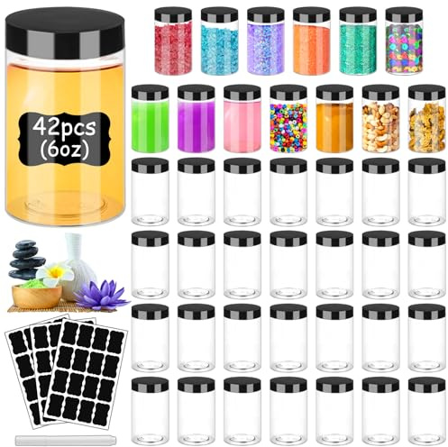 Hajoyful Plastic Jars with Lids 6OZ 42PCS,Small Cosmetic Slime Containers Clear Travel Round Jars Empty Refillable Sample Containers Leak Proof Pot with Black Lids for Lotion, Cream, Body Scrub