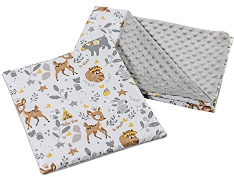 Medi Partners Babyfilt krypfilt med kudde 100% bomull minky barnfilt 55 x 75 + 35 x 30 cm multifunktionell för barnvagn, babystol, vagga (REH med grå minky)