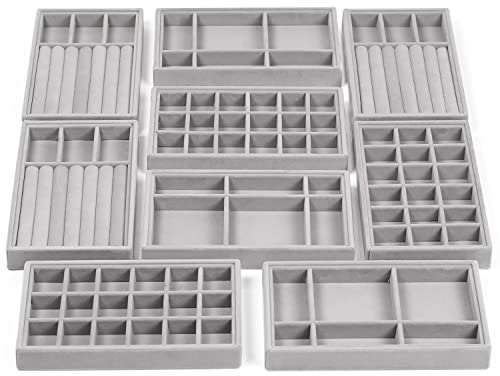 BELLE VOUS Vassoio Porta Gioielli Impilabili in Velluto Grigio (Confezione da 9) - 12,3 x 21cm- Porta Anelli, Porta Gioie, Porta Orecchini, Porta Bracciali Espositore