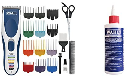 WAHL Colour Pro Cordless Clipper Kit, Hair Clippers for Men, Head Shaver, 12 Colour Coded Guide Combs, Blue and White,9649-806 & Clipper Oil, Blade Oil for Hair Clippers, 250 ml