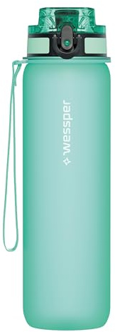 Wessper Trinkflasche 1L Active Max, Tritan Sportflasche mit Zeitmarkierung BPA-frei, Auslaufsicher Wasserflasche für Sport Fahrrad Wandern Schule Kinder - Minze