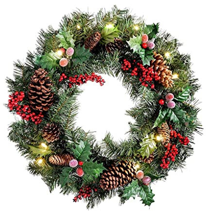 30cm Pre Lit Christmas Wreaths for Front Door with Lights, Light Up Artificial Wreaths for Window Fireplace Wall Decor Indoor Outdoor Home Christmas Decorations (12inch)