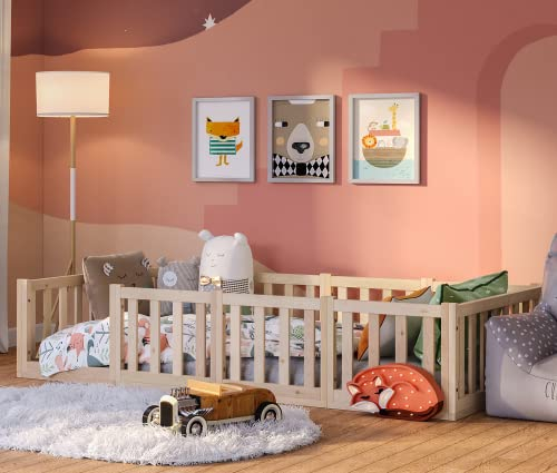 Bellabino Tapi Bett 90x200 cm, Kinderbett mit Rausfallschutz, inklusive Lattenrost, Montessori Bodenbett für Jungen und Mädchen aus Kiefer Massivholz, Natur lackiert, Bed