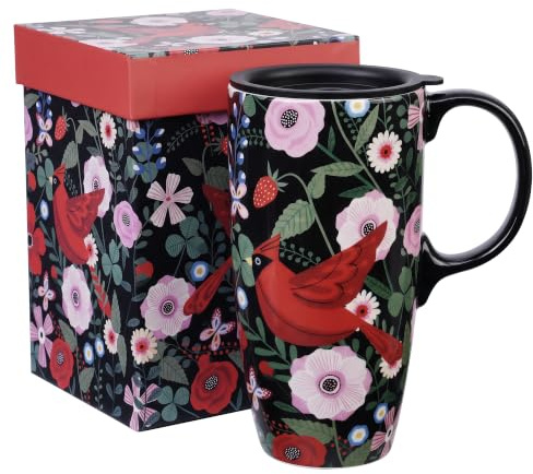 Topadorn 17oz Cardinal Ceramic Travel Coffee Mug with Lid | Microwave & Dishwasher Safe, Cup Holder Friendly, Large Coffee Tea Cup with Handle, Commute Office Home Use, Gift-Ready Box