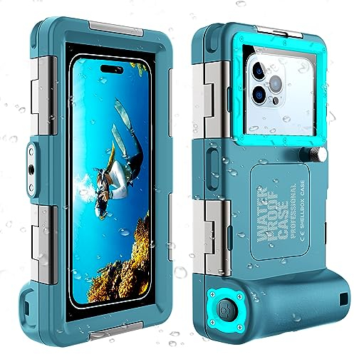 Professionelle wasserdichte Tauchhülle zum Schnorcheln, 15 m/50 Fuß Unterwasser-Foto- und Video-Schutzgehäuse mit Trageband für iPhone16/1514/13-11 Pro Max/XR/XS/Samsung S24/S23-S21 usw. Blaugrün