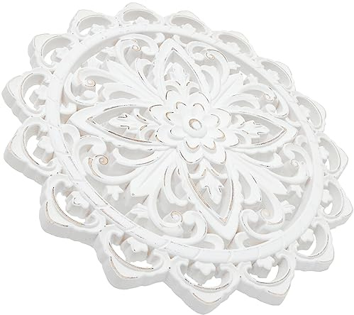 HOMSFOU Wood Art - Round Flower Wall Panel Farmhouse Wall Plaque Boho Medallion Decor for Home & Bedroom