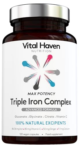 Vital Haven Iron Supplement - Ferrous Glycinate + Citrate + Gluconate and Non-Acid VIT C with Ginger - UK Made