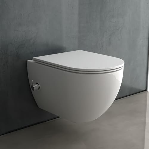 Alpenberger Wand WC Spülrandlos | Bidet WC Set | Dusch WC | Kloschüssel mit Armatur & Schallschutz | Toilettendeckel D Form | Hänge WC mit Intimdusche | Taharet WC Passend Geberit