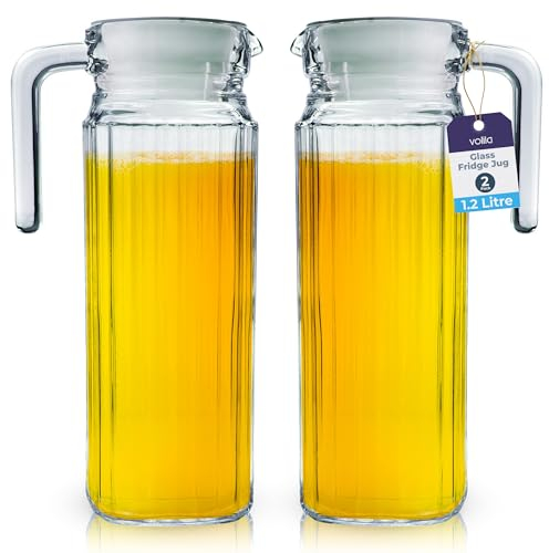 Jarra Cristal Nevera 1L de Vidrio con Tapa (Pack de 2) - Jarra Transparente con Diseño Acanalado y Asa para Estante del Frigorífico y Uso Diario con Boquilla con Ventilación
