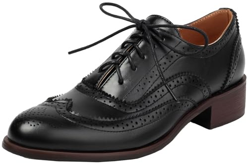 Onewus Zapatos Oxford de tacón bajo y cierre de cordones para mujer, estilo retro casual, Negro , 38 EU