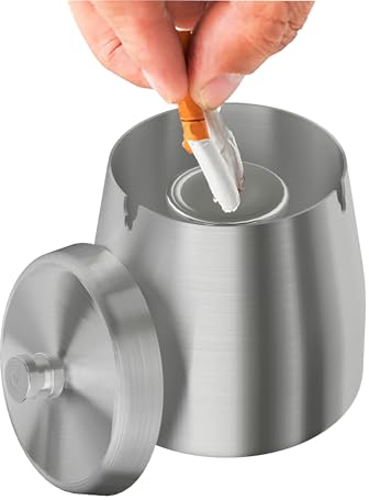 AwmnSrman Aschenbecher für den Außenbereich, edelstahlbezogene Deckel, winddicht, abnehmbar für einfache Reinigung, rutschfeste Asche, Silber, Φ9 * H9cm