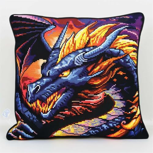 RKFLGEW DIY knüpfen set erwachsene Fantasie Drache knüpfkissen Anime Drachen Tier 3D-Kissen-Materialpaket，Knüpfhaken-Sticksets，DIY-Teppichkissen，Häkelkissenbezug für Zuhause 43x43cm