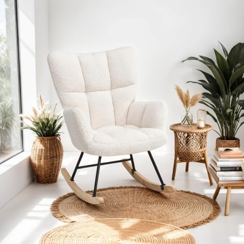 Vielllliving Schaukelstuhl Schwingsessel Relaxsessel mit Berbervlies Schaukelsessel für Schlafzimmer Wohnzimmer bis 150 kg Belastbarkeit - Beige