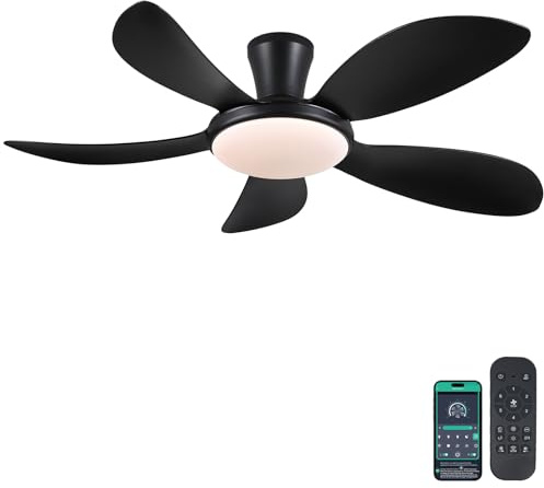 PHORUS 48 Black Low Profile Ceiling Fans with Lights and Remote/APP, Modern Flush Mount Ceiling Fans with Quiet Reversible DC Motor, Dimmable 3 Colors 6 Speeds for Bedroom Kitchen