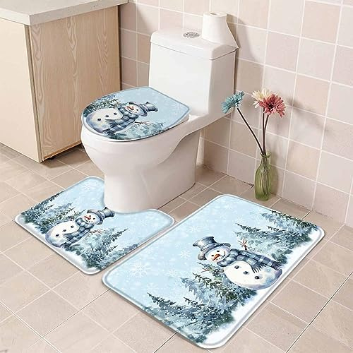 Badteppich-Set 3-Teilig Frohe Weihnachten Schneemann Tanne Winter Schneeflocken Blauen Rücken Badezimmer Vorleger 3-Teiliges Weiches Wc Vorleger Set 3 Teilig Badezimmer-Garnitur