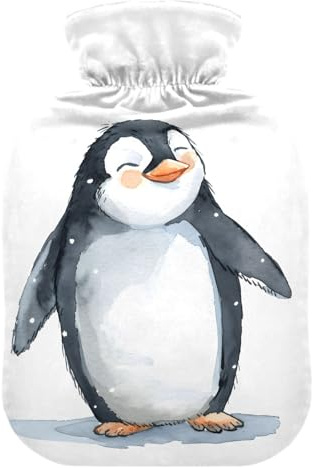 Wärmflasche, 2 l, großer Wärmbeutel mit weichem Plüschbezug, lächelnder Pinguin, auslaufsicherer Schraubverschluss, ideal für Wintersport, Outdoor, Rücken, Nacken und Bein, kalte Muskelschmerzen und