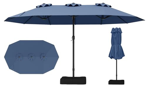 RELAX4LIFE Grand Parasol Double avec Pied 4,7M, Grand Parasol de Jardin Extérieur avec Manivelle, 12 Baleines, Base Croix, Sacs de Sable, Ventilé, Protection Solaire pour Terrasse Marché (Bleu foncé)