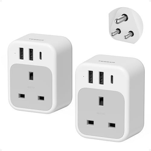 TESSAN UK to India Plug Adapter, Type D India Travel Adapter with USB C | 4 in 1 Type D Travel Adaptor with USB C and 2 USB A for Indian, Sri Lanka, Maldives, Nepal, Pakistan, Bangladesh, Bhutan